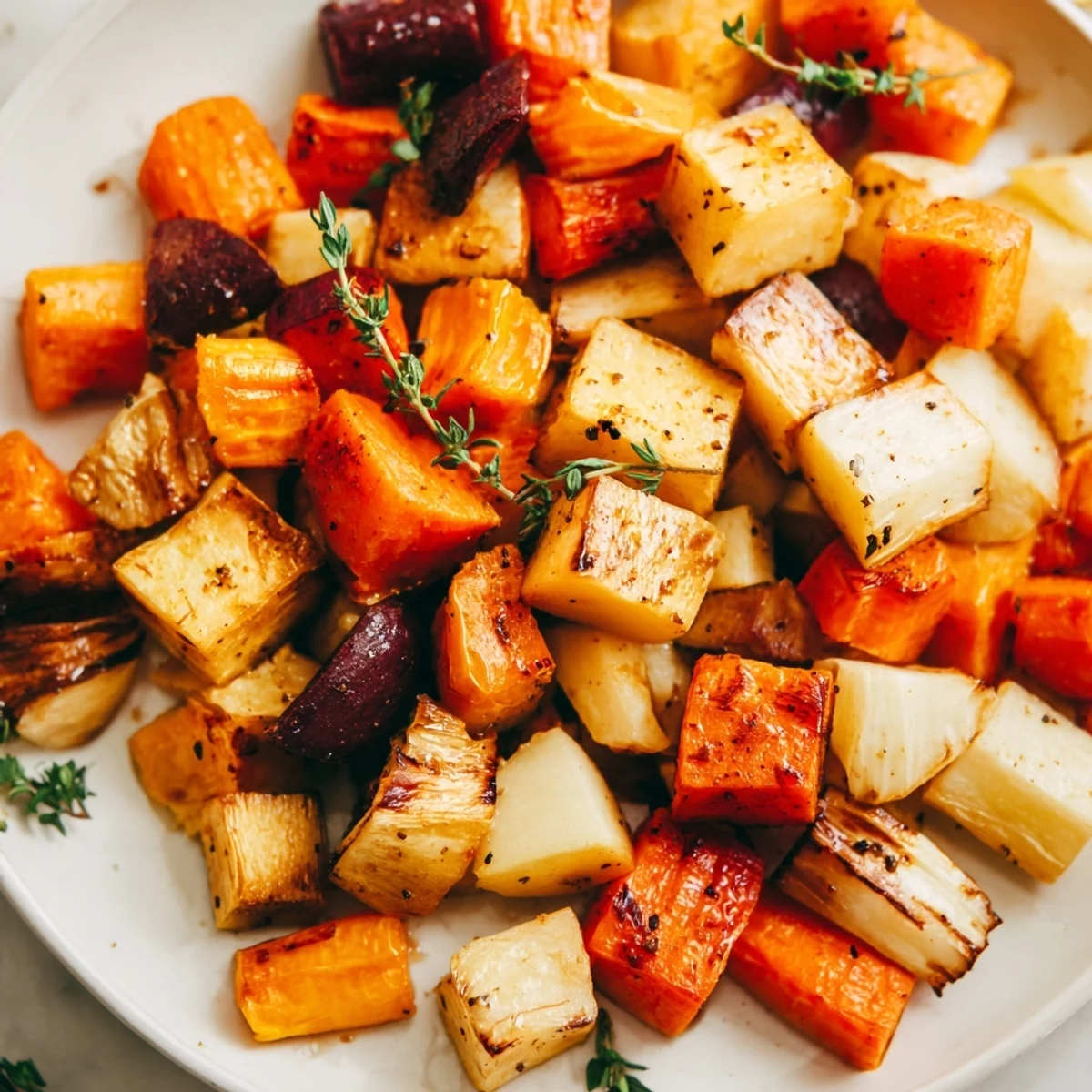 Golden roasted root vegetables with maple syrup glaze, garnished with fresh thyme, served hot.