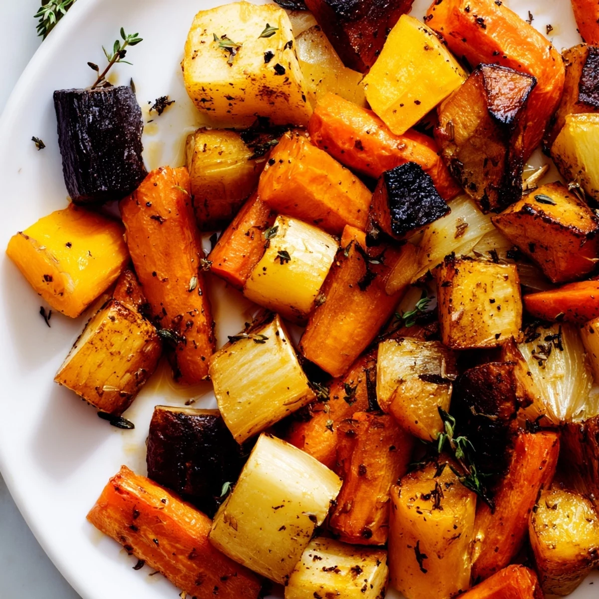 A close-up of caramelized carrots, parsnips, and sweet potatoes in maple glaze.