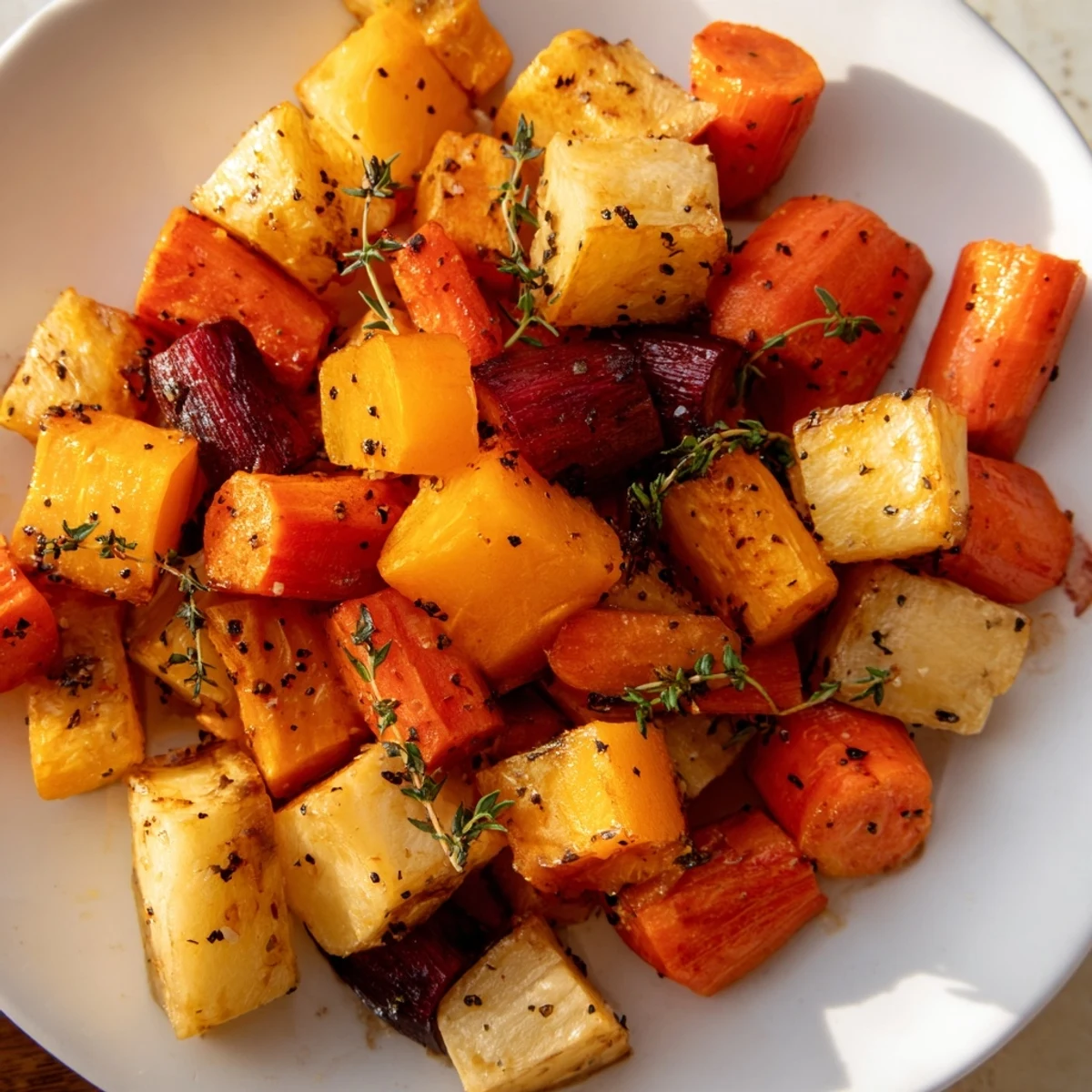 Rustic baking sheet of roasted root vegetables with maple syrup, perfect for holiday dinners.