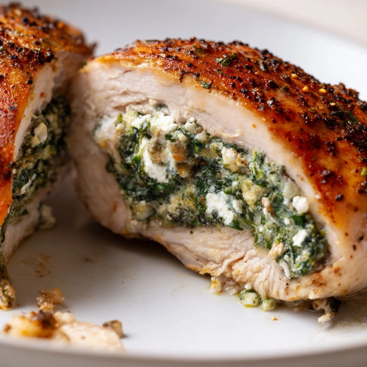Golden-brown baked Spinach and Feta Stuffed Chicken Breast resting on a white plate, garnished with fresh dill.