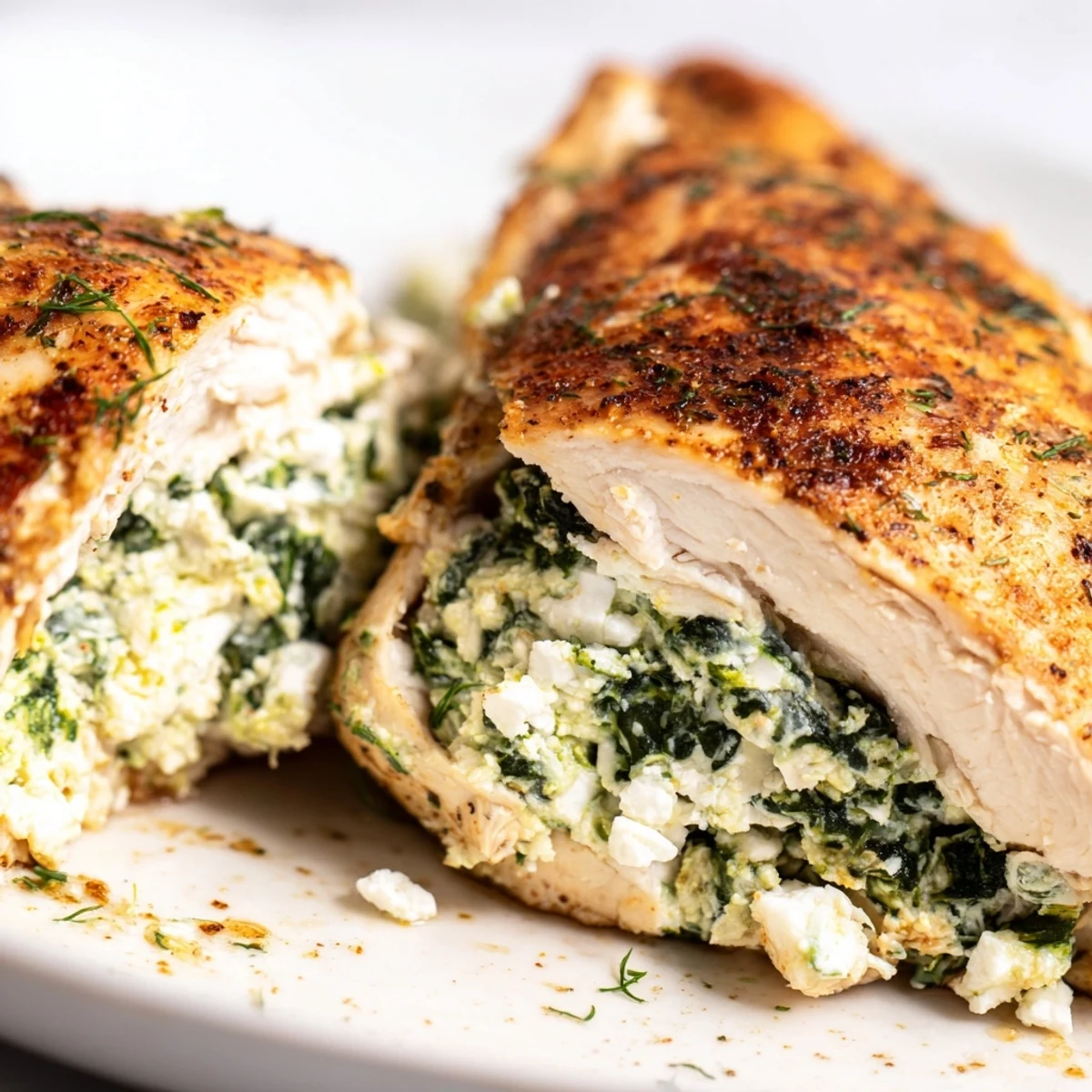 Juicy Spinach and Feta Stuffed Chicken Breast sliced open to reveal creamy green filling, served with roasted vegetables.