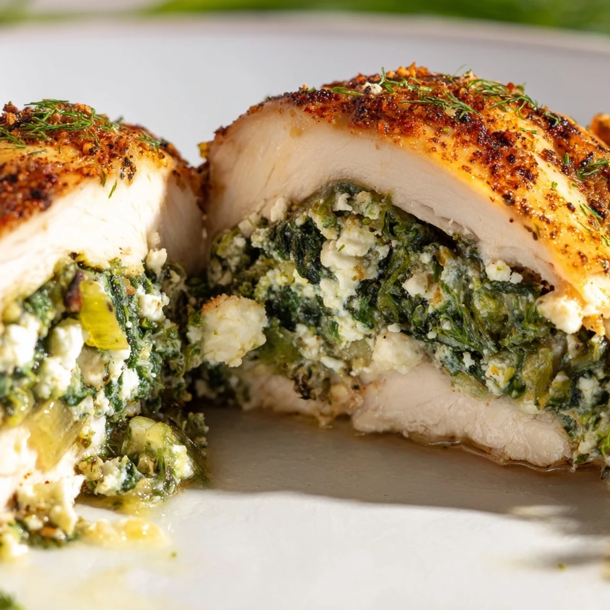 Plated Spinach and Feta Stuffed Chicken Breast topped with extra feta, ideal for a healthy Mediterranean dinner.