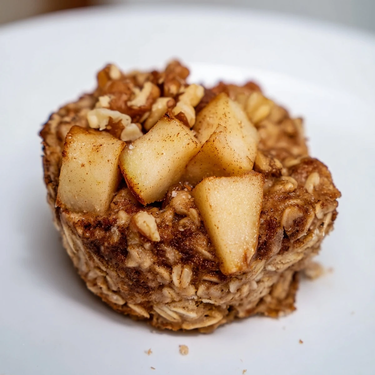 A close-up of one Apple Cinnamon Baked Oatmeal Cup reveals a moist, fluffy interior studded with tender cinnamon apples. 