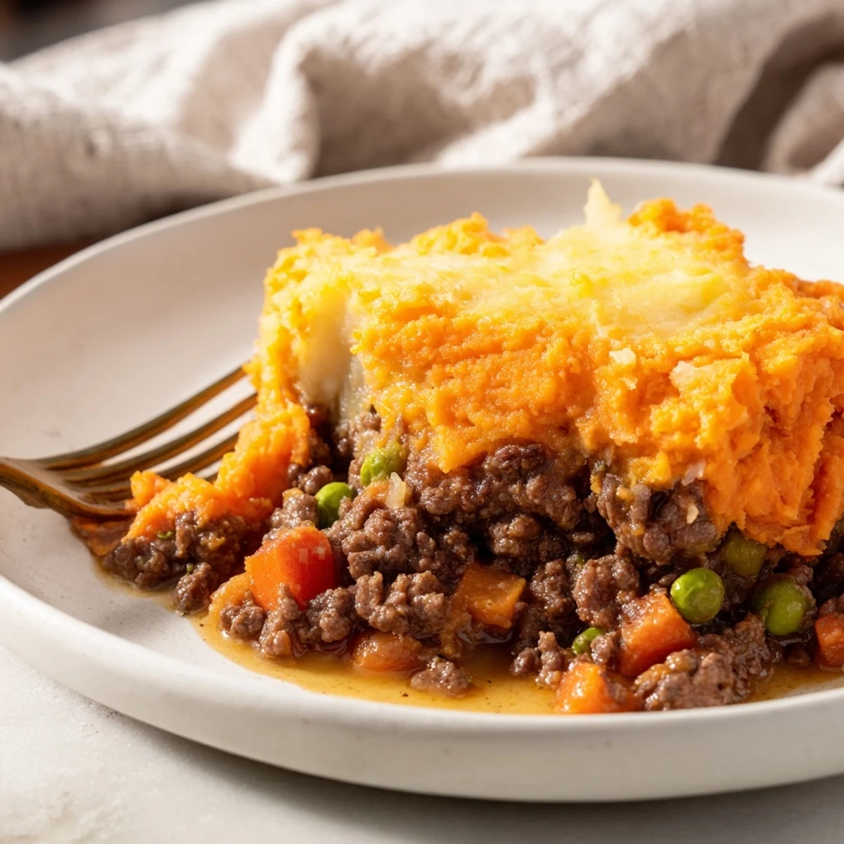 Fresh thyme and rosemary season the savory Beef Shepherds Pie with Sweet Potato Mash.