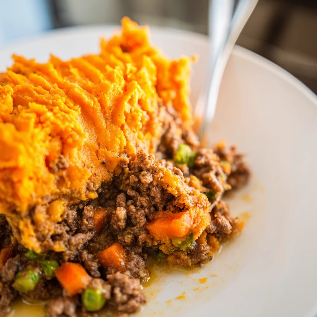 Golden brown sweet potato mash covers a bubbling beef and pea filling in a baking dish.