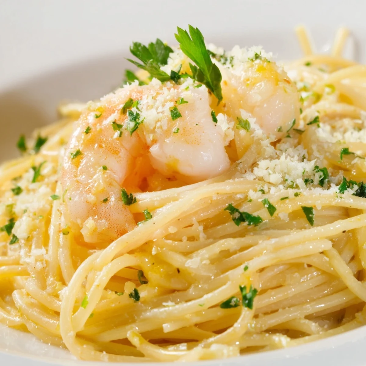 Lemon Shrimp Pasta with succulent pink shrimp and al dente spaghetti tossed in a glossy, bright yellow lemon-garlic sauce.