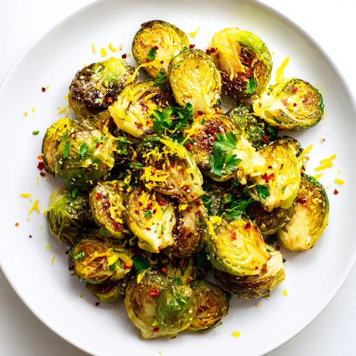 Close-up of crispy roasted sprout halves with Parmesan cheese, showing caramelized edges and a flavorful, easy side dish for roasted meats.