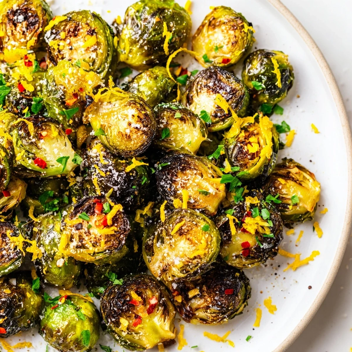 A rustic serving of roasted sprout halves in a white bowl, drizzled with balsamic glaze and ready for a vegetarian dinner plate.