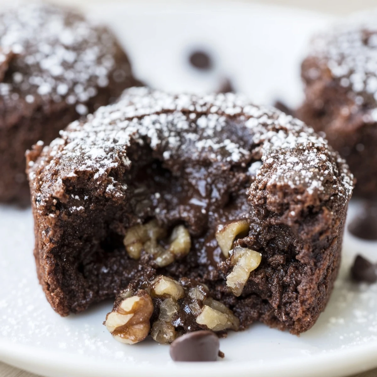 Freshly baked Chocolate Brownie Bites topped with chocolate chips and chopped walnuts.