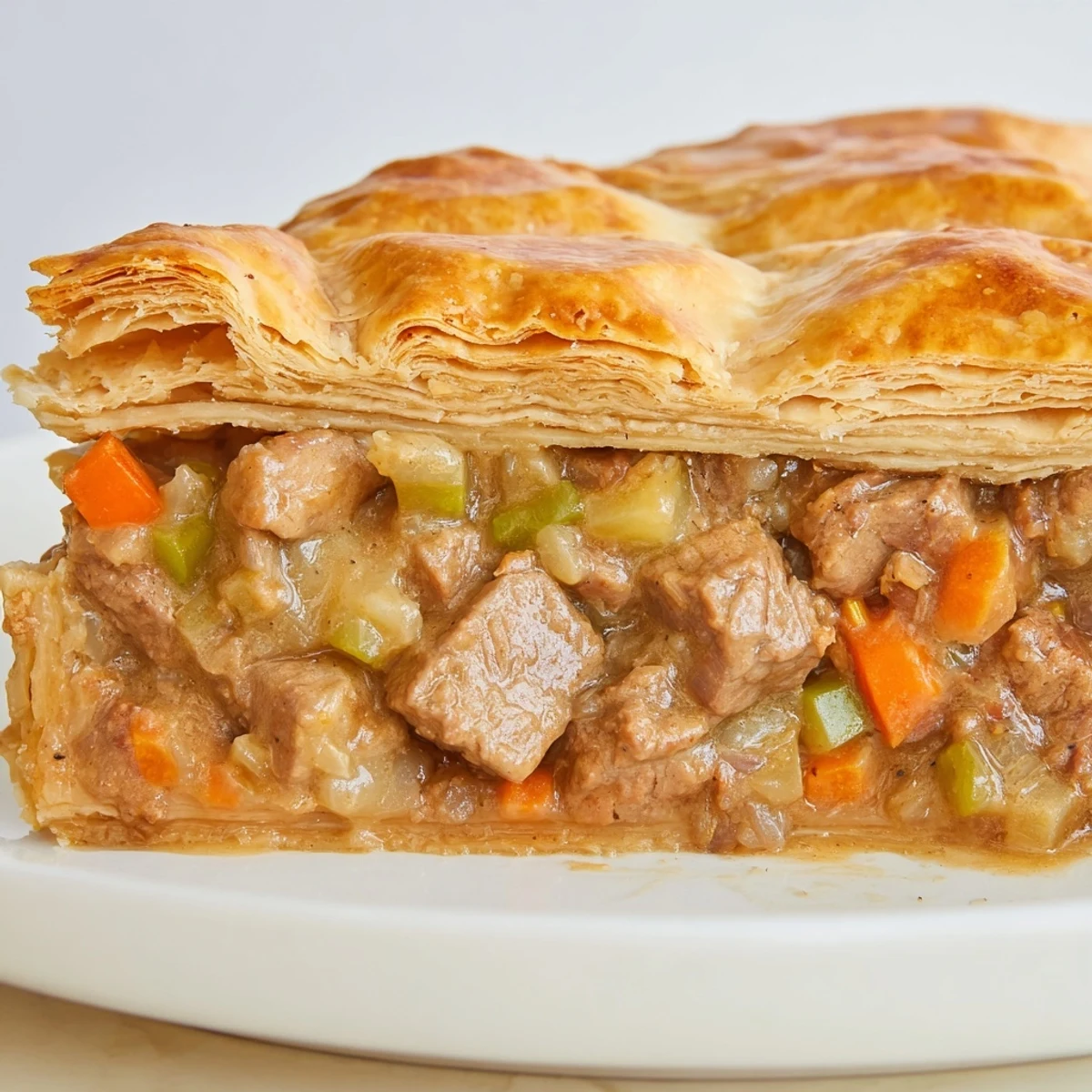 Golden, flaky crust tops a hearty Beef Pie with Crust, filled with tender beef chunks and a rich, savory gravy bubbling at the edges.
