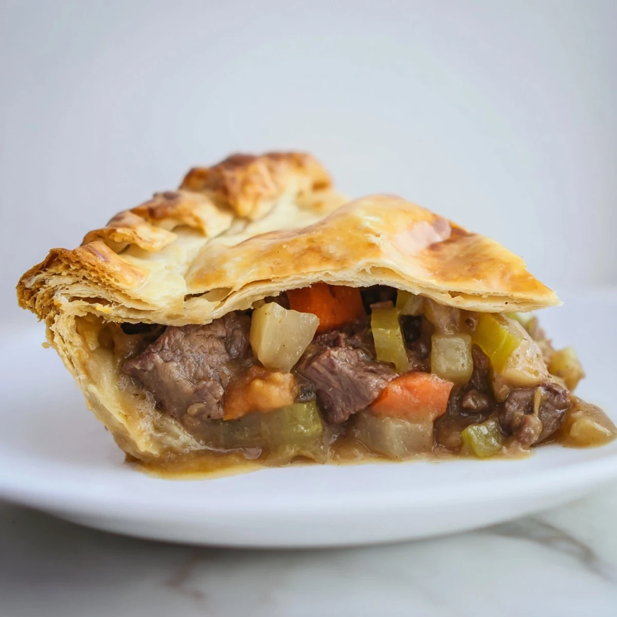 Steamy Beef Pie with Crust is lifted from the oven, showcasing a golden-brown lattice top and caramelized vegetables inside the filling.