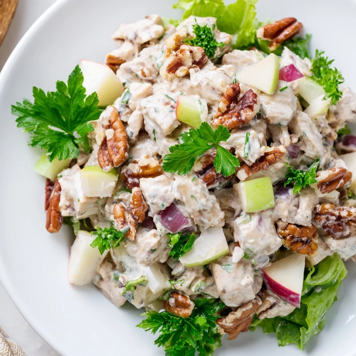 Tender chicken and toasted pecans in Chicken Pecan Salad, garnished with fresh parsley.