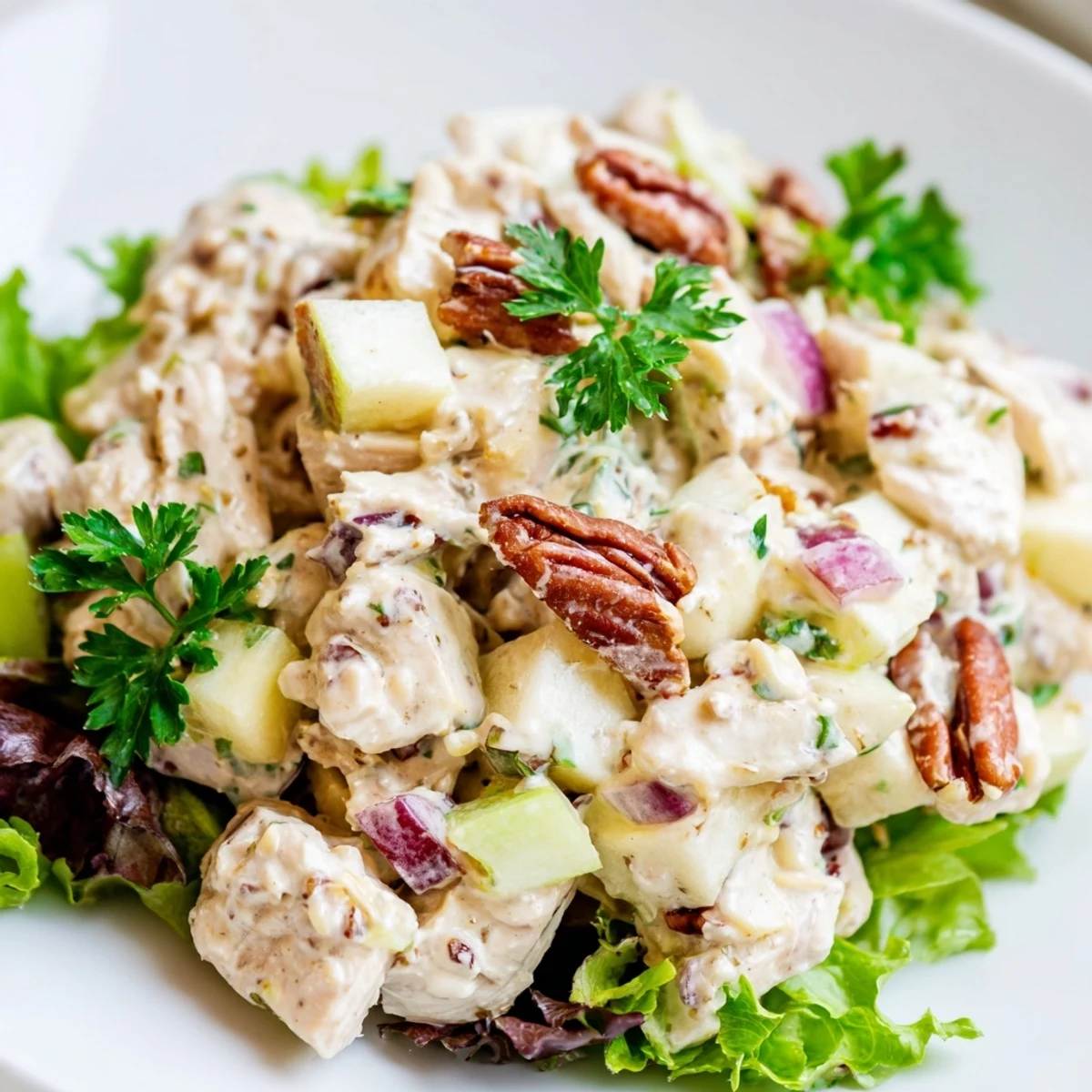 Enjoy a refreshing Chicken Pecan Salad with diced apples and celery, ready for lunch.