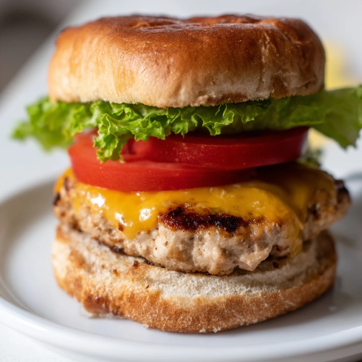 A juicy Turkey Cheese Burger with melted cheddar on a toasted whole-wheat bun, fresh tomato, and lettuce.