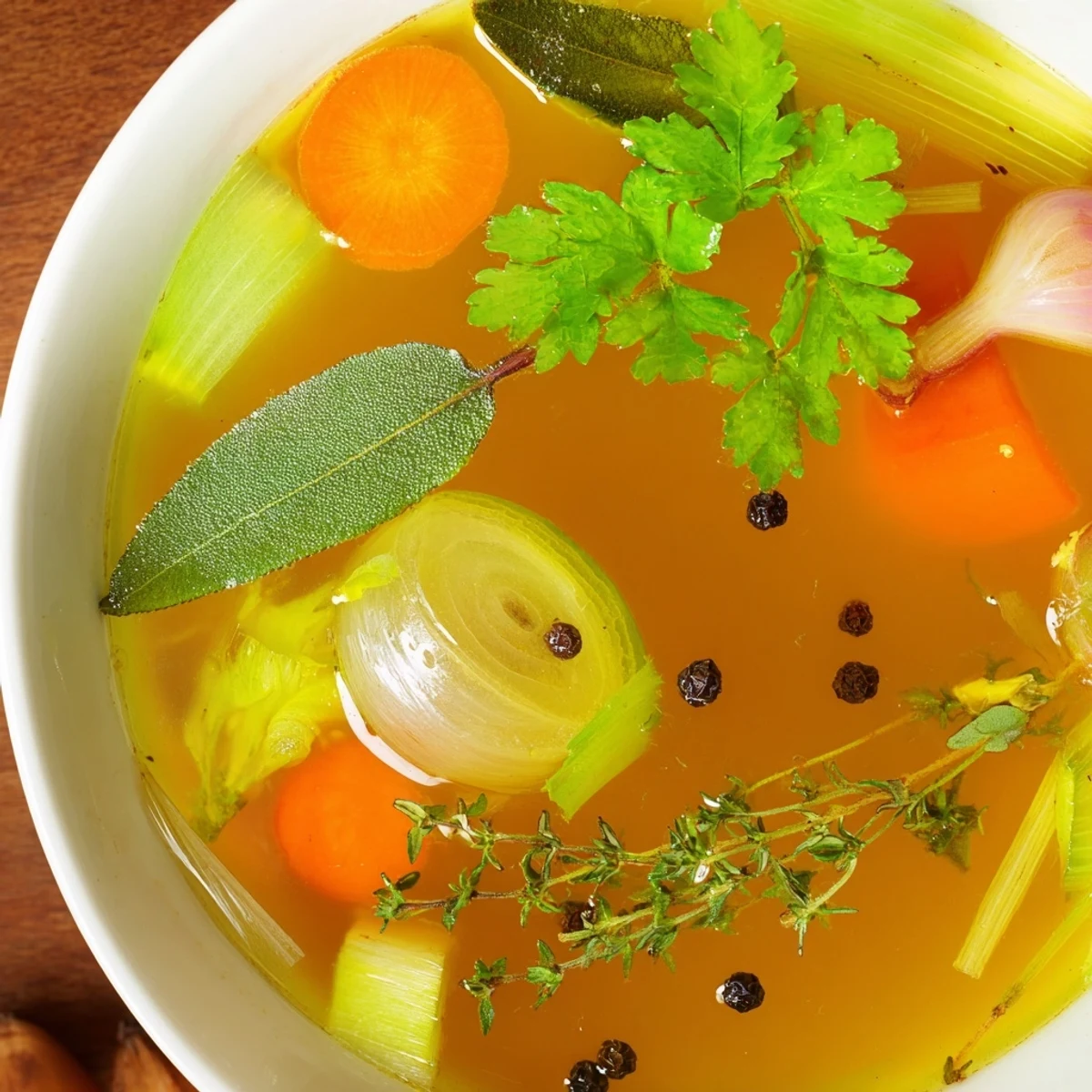 Fragrant Homemade Vegetable Broth simmering in a large pot, featuring fresh parsley sprigs and thyme. Golden steam rises from this savory soup base, made with kitchen scraps for a rich, vegan flavor.