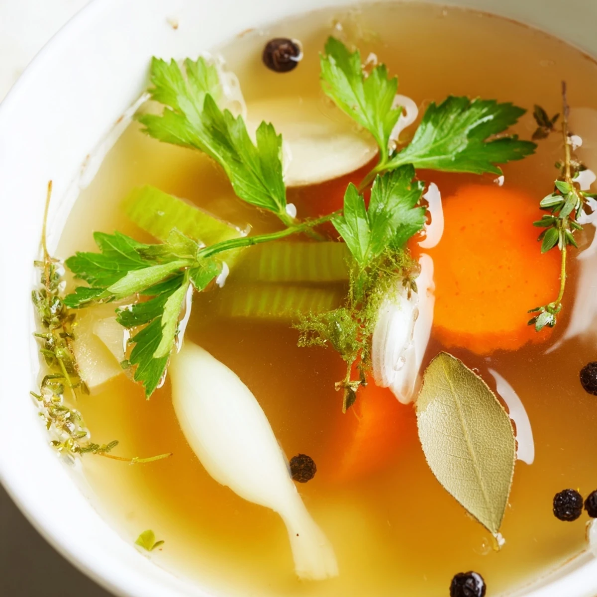 Vibrant Homemade Vegetable Broth steeping in a clear glass bowl, brimming with colorful vegetable scraps and herb sprigs. The clear, golden liquid showcases a low-fat, gluten-free base perfect for soups and risottos.