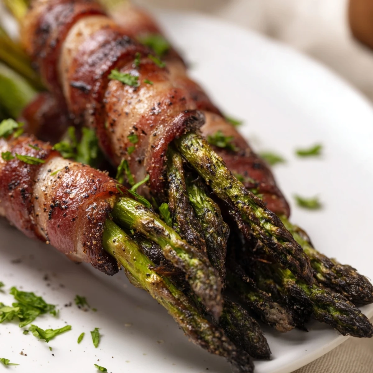 Crispy Beef Bacon Wrapped Asparagus Bundles roasted to smoky perfection, garnished with fresh parsley and lemon wedges on a serving platter.