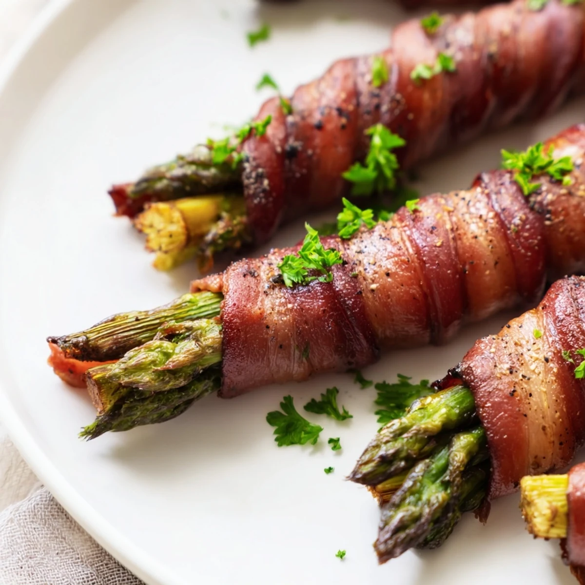 Eight Crispy Beef Bacon Wrapped Asparagus Bundles arranged on a platter with lemon wedges, showcasing tender spears wrapped in savory bacon.