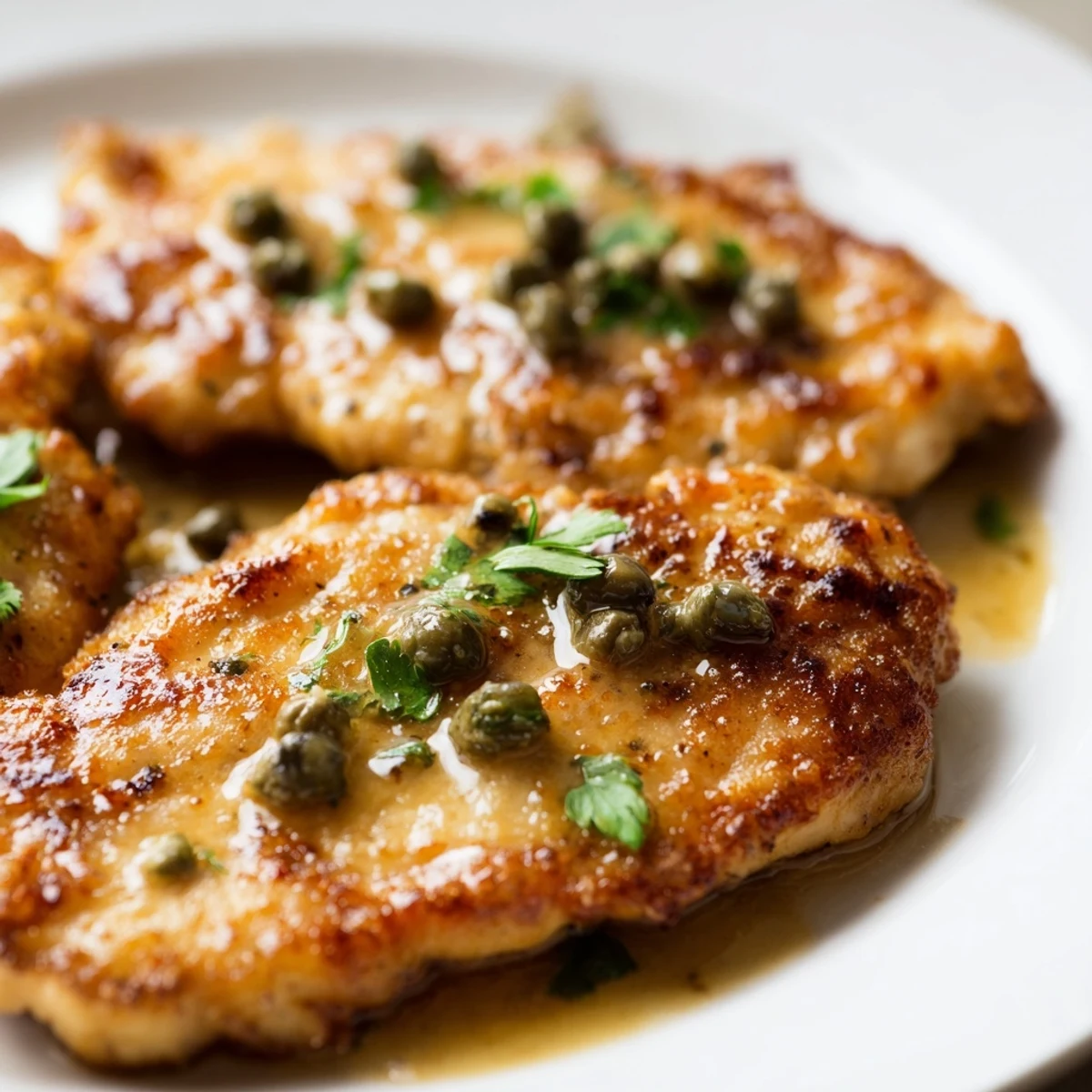 Buttery Chicken Piccata cutlets with lemon juice and capers, served alongside fettuccine and a glass of white wine.