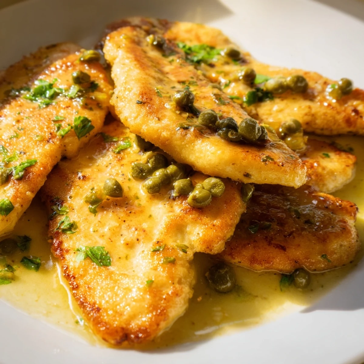 Golden-brown Chicken Piccata with capers and lemon juice, spooned with bright, tangy sauce over tender cutlets.