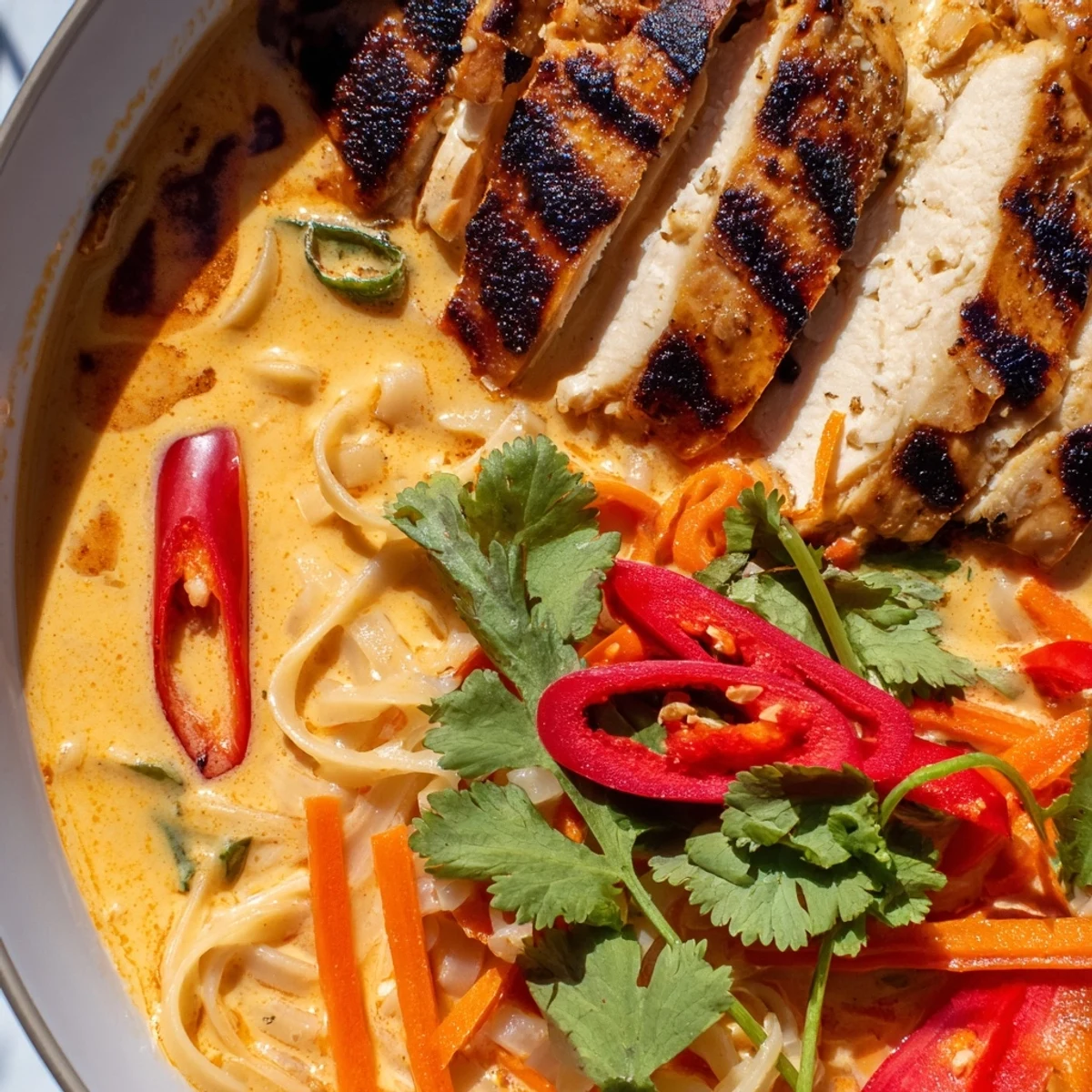 A vibrant bowl of Thai Red Curry Noodle Soup with Grilled Chicken, featuring tender sliced meat and colorful veggies in coconut broth.