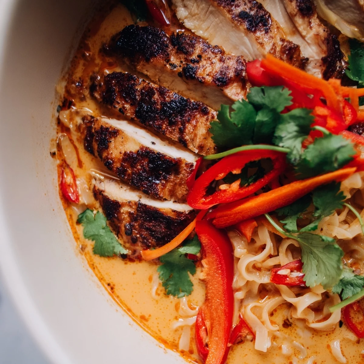 Thai Red Curry Noodle Soup with Grilled Chicken topped with chili slices and herbs, ready to be enjoyed with chopsticks.