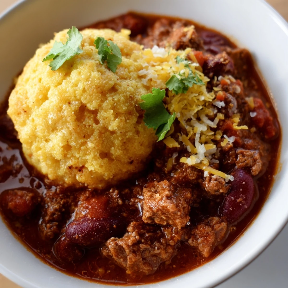 Golden, fluffy cornbread dumplings bake atop a rich, spicy beef chili in a Dutch oven.
