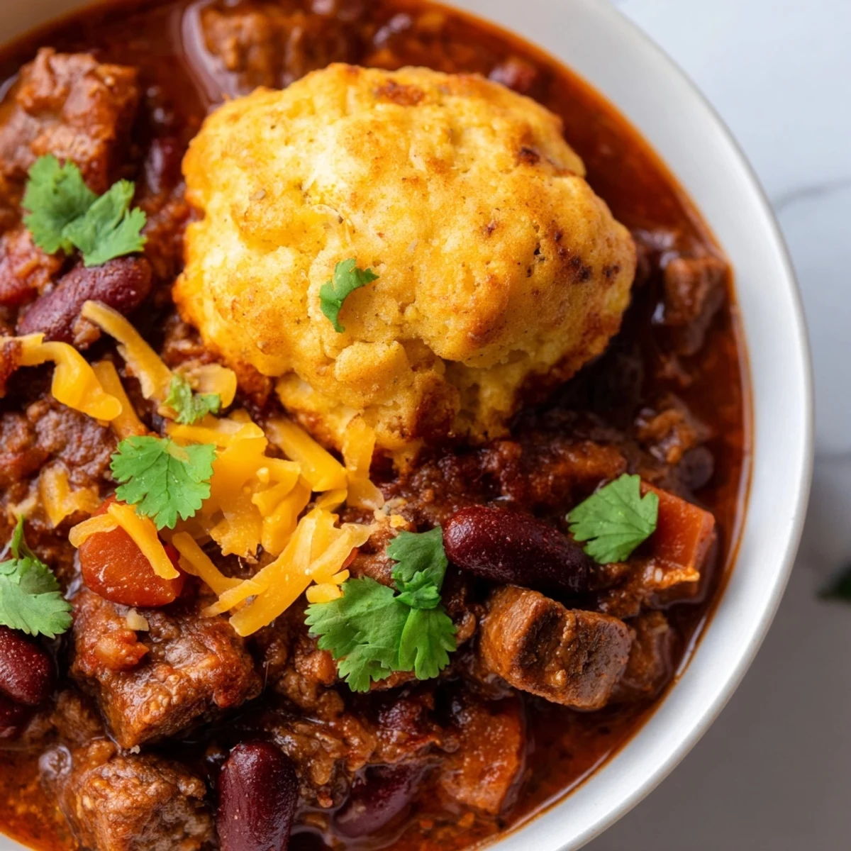 Hearty beef chili with homemade cornbread dumplings served steaming hot in a rustic bowl.