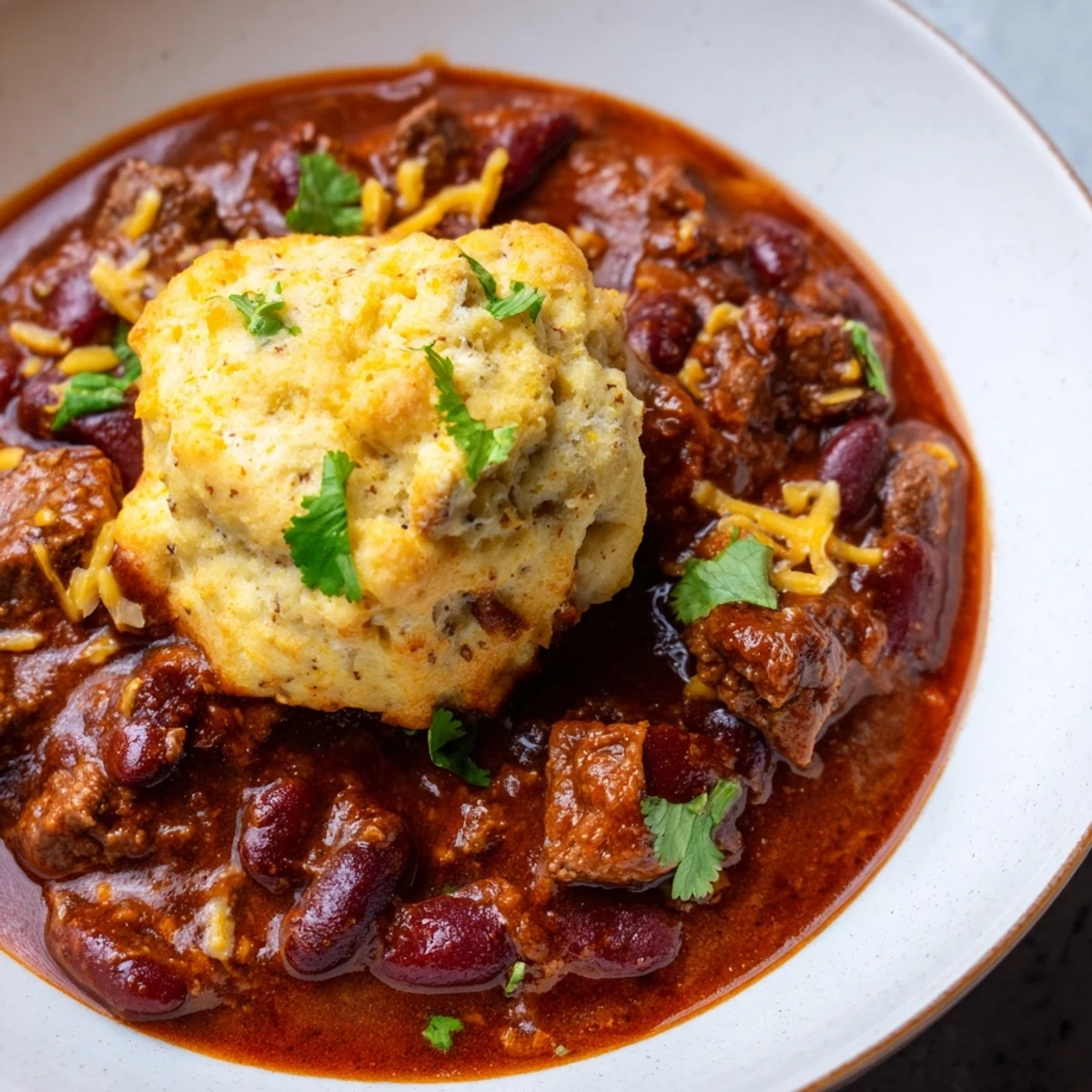 Close-up of tender beef and beans under puffy cornbread dumplings, garnished with fresh cilantro.