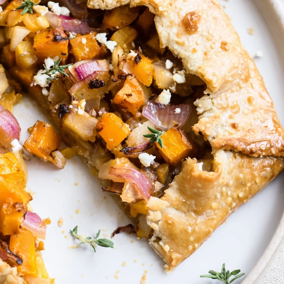 A savory-sweet galette with caramelized red onion and crumbled goat cheese, perfect for a vegetarian fall dinner.