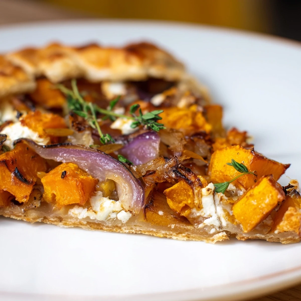 Golden slices of roasted butternut squash and tart apple peek from the flaky, golden-brown crust of a rustic galette.