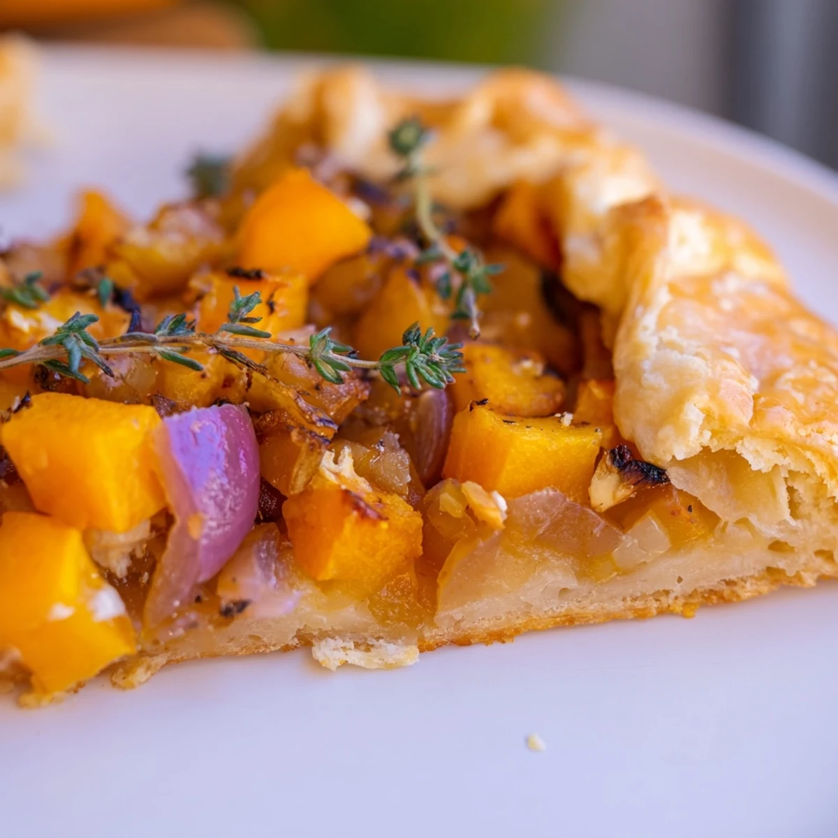 Fresh thyme garnishes the rustic galette, with a crisp side salad and glass of white wine nearby.