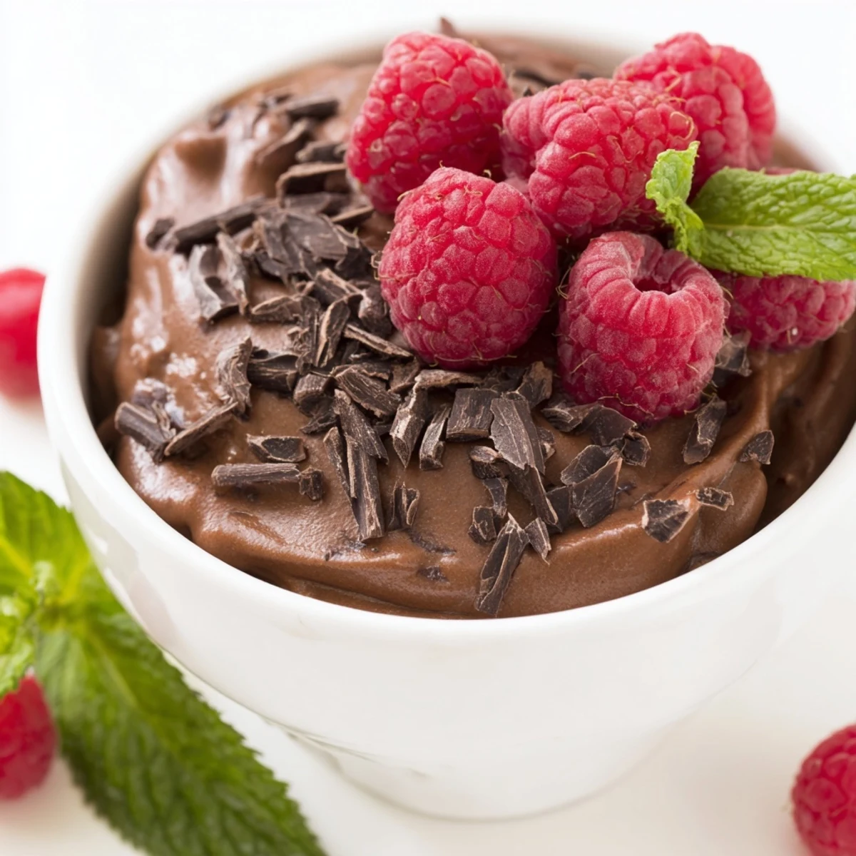 Rich Chocolate Avocado Mousse garnished with fresh raspberries and mint, ready to serve chilled.