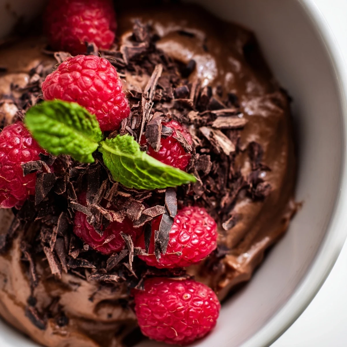Smooth, chilled Chocolate Avocado Mousse with juicy raspberries, a perfect healthy dessert for dinner parties.