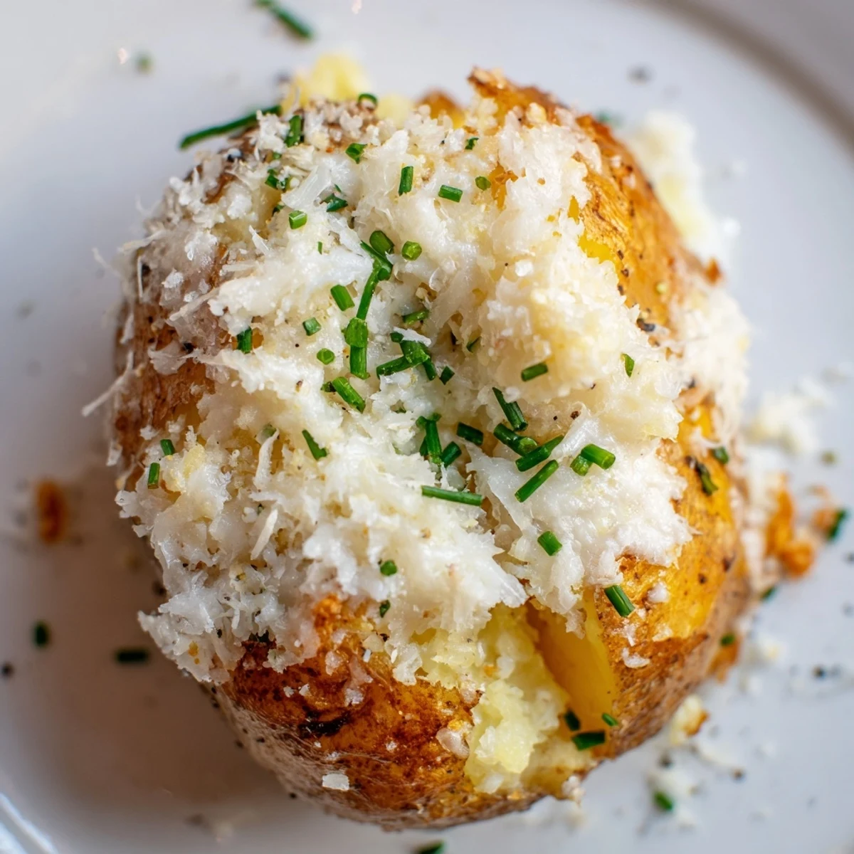 Golden brown smashed potatoes topped with fresh chives and melted Parmesan on a baking sheet.