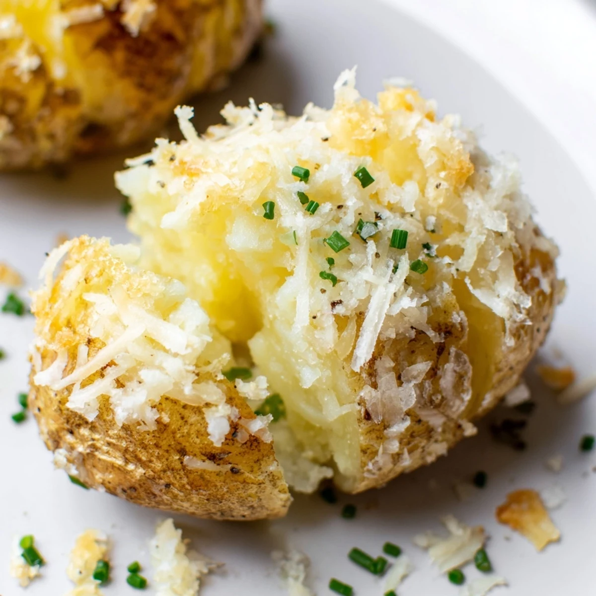 Garlic Parmesan Smashed Potatoes with Chives served on a white plate, ready to eat.