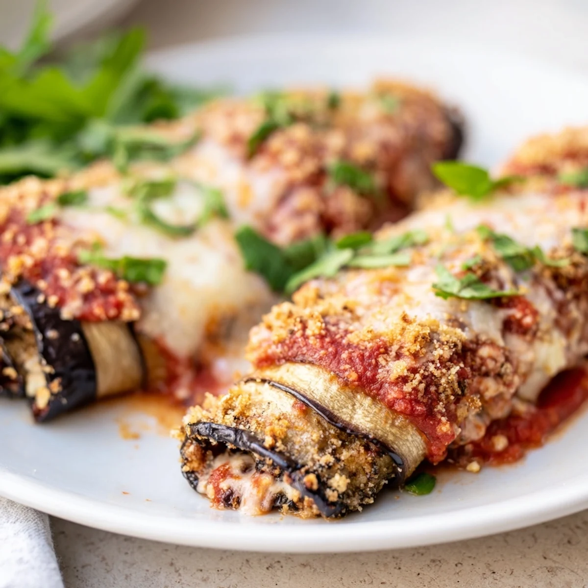 Golden-brown Baked Eggplant Rollatini with Ricotta and Herbs bubbling with melted mozzarella in rich marinara sauce.