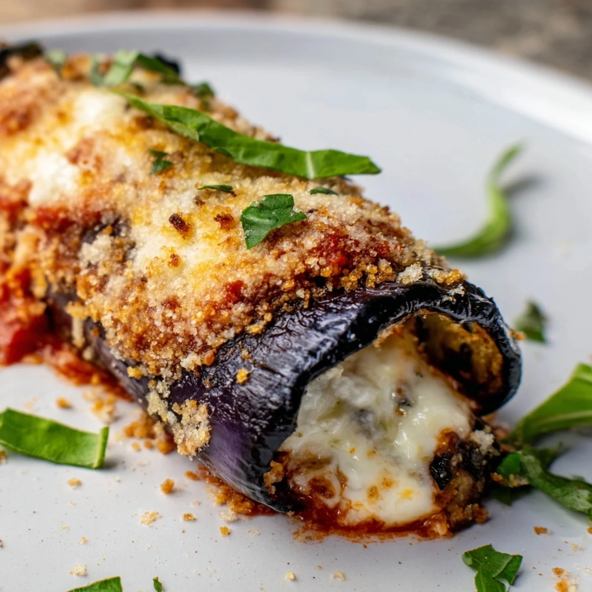Tender roasted eggplant slices stuffed with creamy ricotta and herbs are baked in tomato sauce.