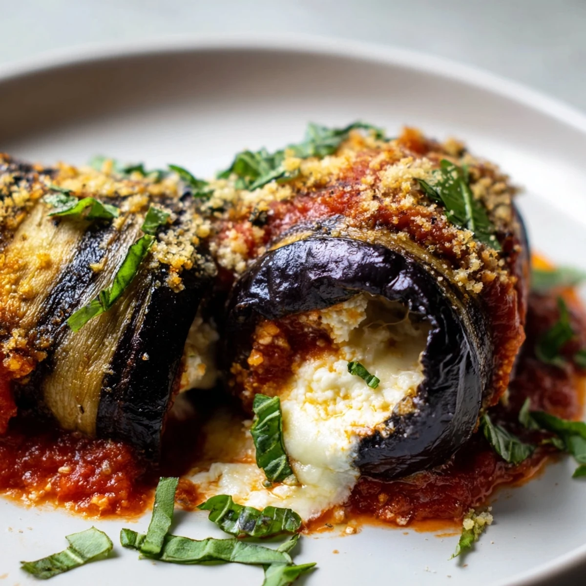 Close-up of Baked Eggplant Rollatini with Ricotta and Herbs served with crusty bread and fresh basil garnish.