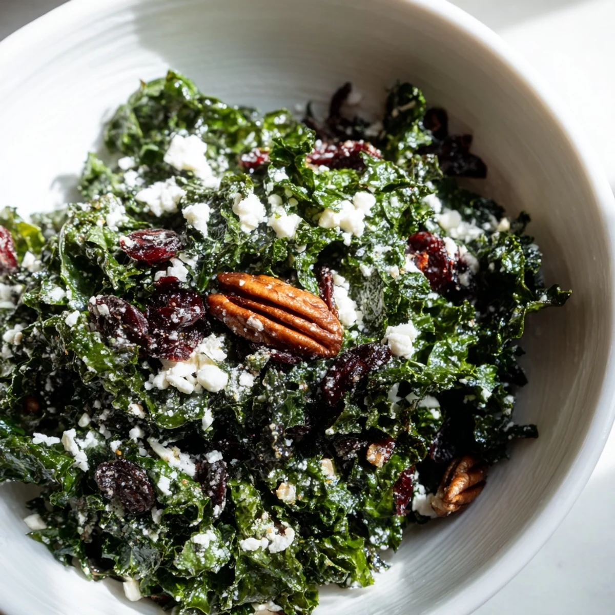Festive Winter Kale Salad with Pecans and Cranberries displayed in a rustic white bowl with apple slices and crumbled feta.