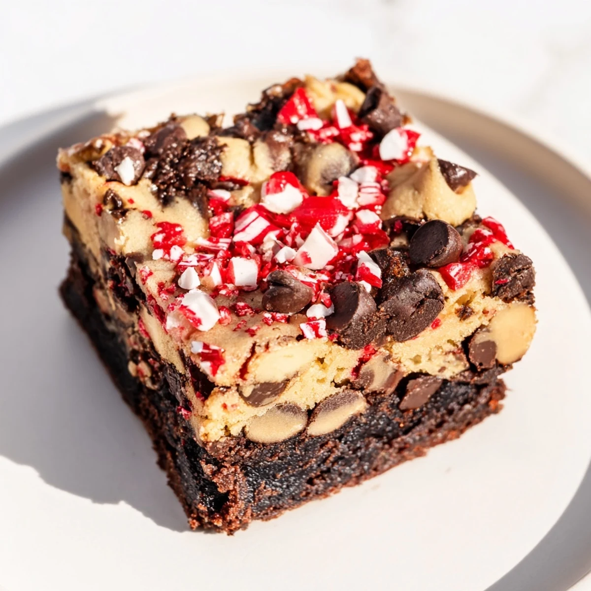 Freshly baked Peppermint Chocolate Chip Brookies layered with fudgy brownie and minty cookie, topped with crushed candy canes.