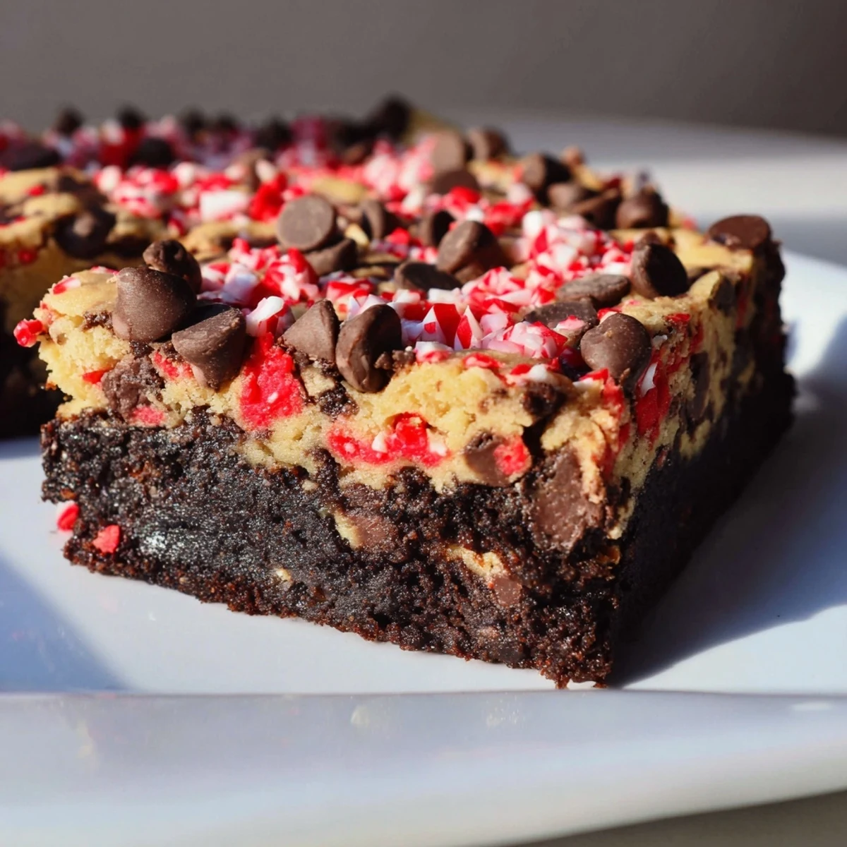 A close-up of Peppermint Chocolate Chip Brookies showing gooey chocolate chips and red peppermint swirls on a festive plate.