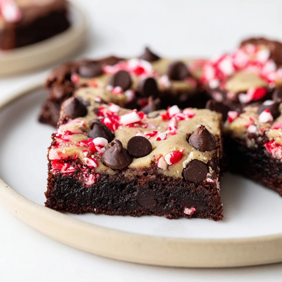 Holiday Peppermint Chocolate Chip Brookies served warm with a tall glass of cold milk for a classic sweet pairing.