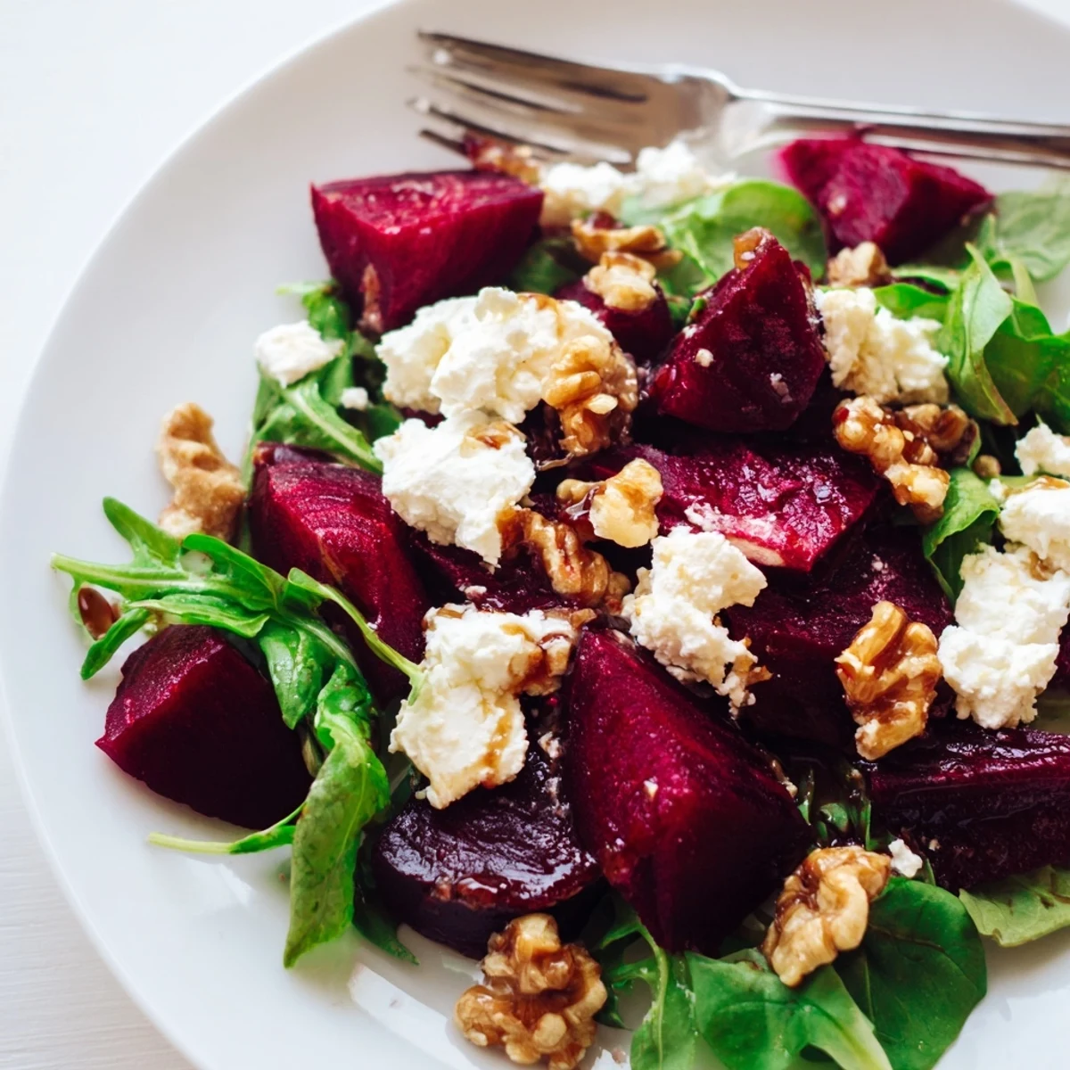 Vibrant magenta beets and white feta crumbles on a bed of greens, making a colorful Roasted Beet and Feta Salad with Balsamic ready for a healthy lunch.