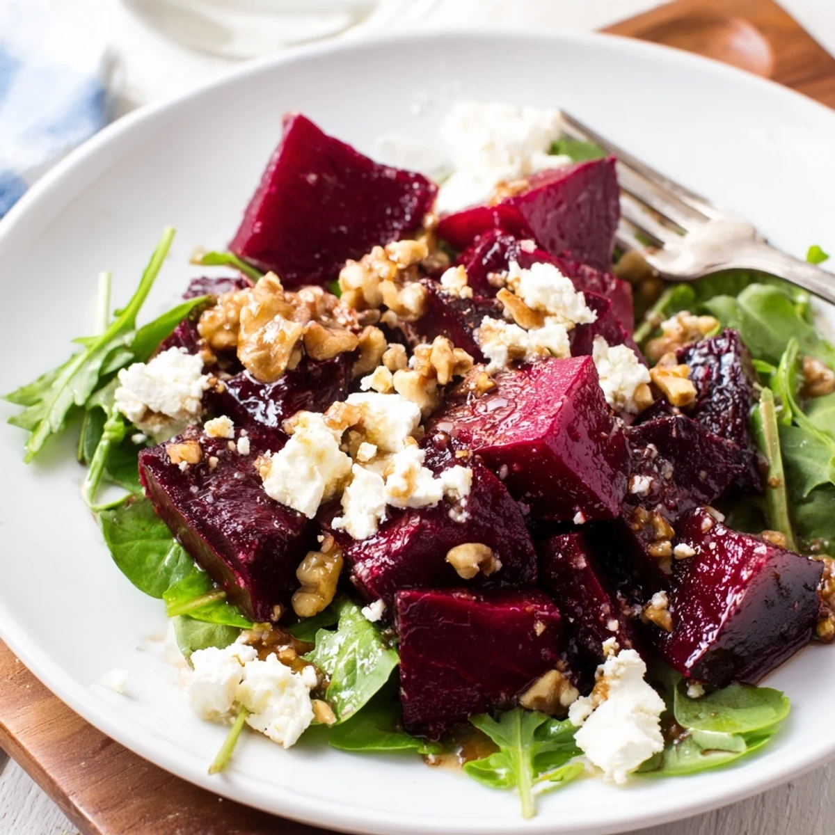 Easy homemade Roasted Beet and Feta Salad with Balsamic featuring earthy root vegetables, crunchy walnuts, and a sweet balsamic dressing, garnished with fresh parsley.