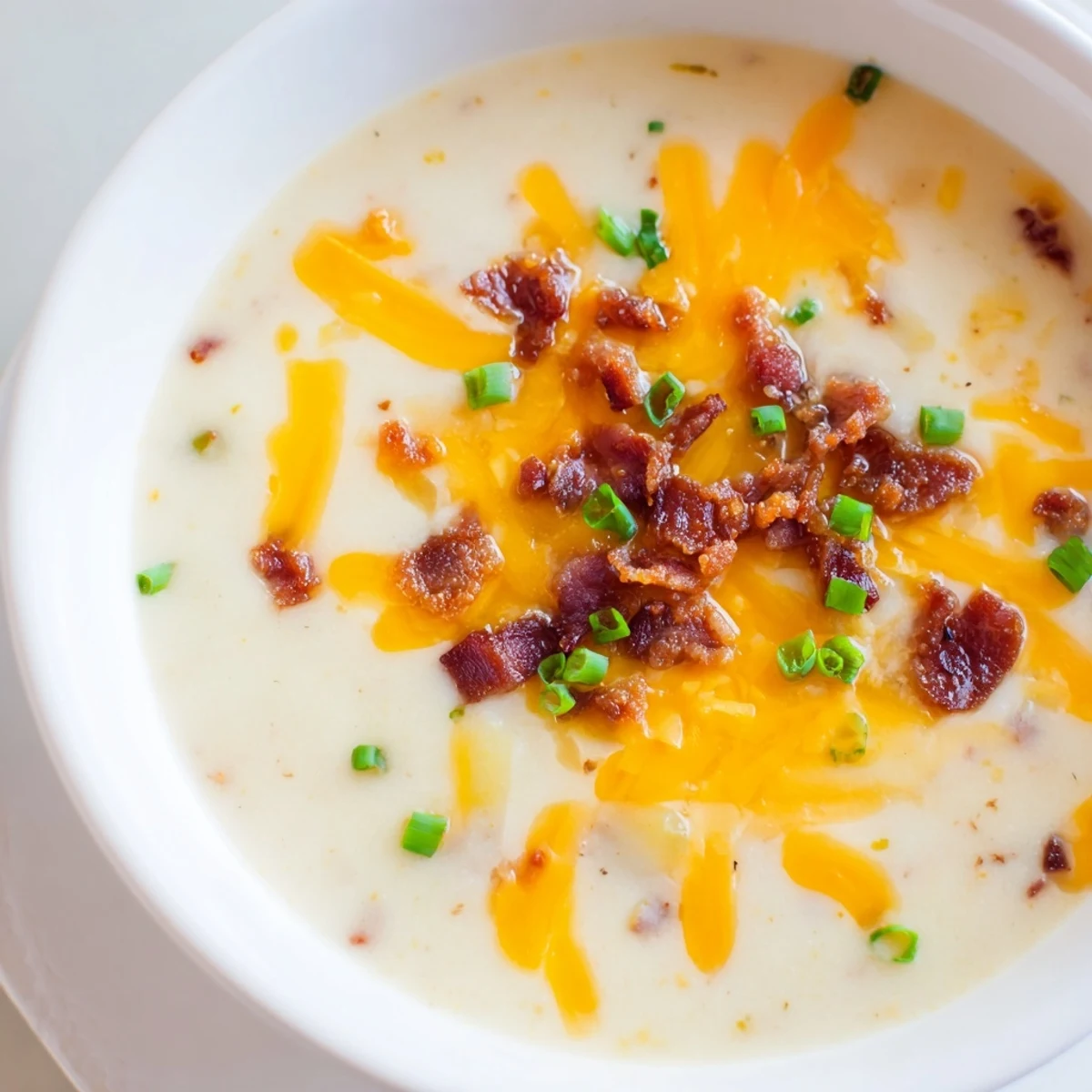 Creamy Potato Soup with Cheese and Beef Bacon ladled into a rustic bowl, topped with crispy beef bacon bits and fresh chives. 