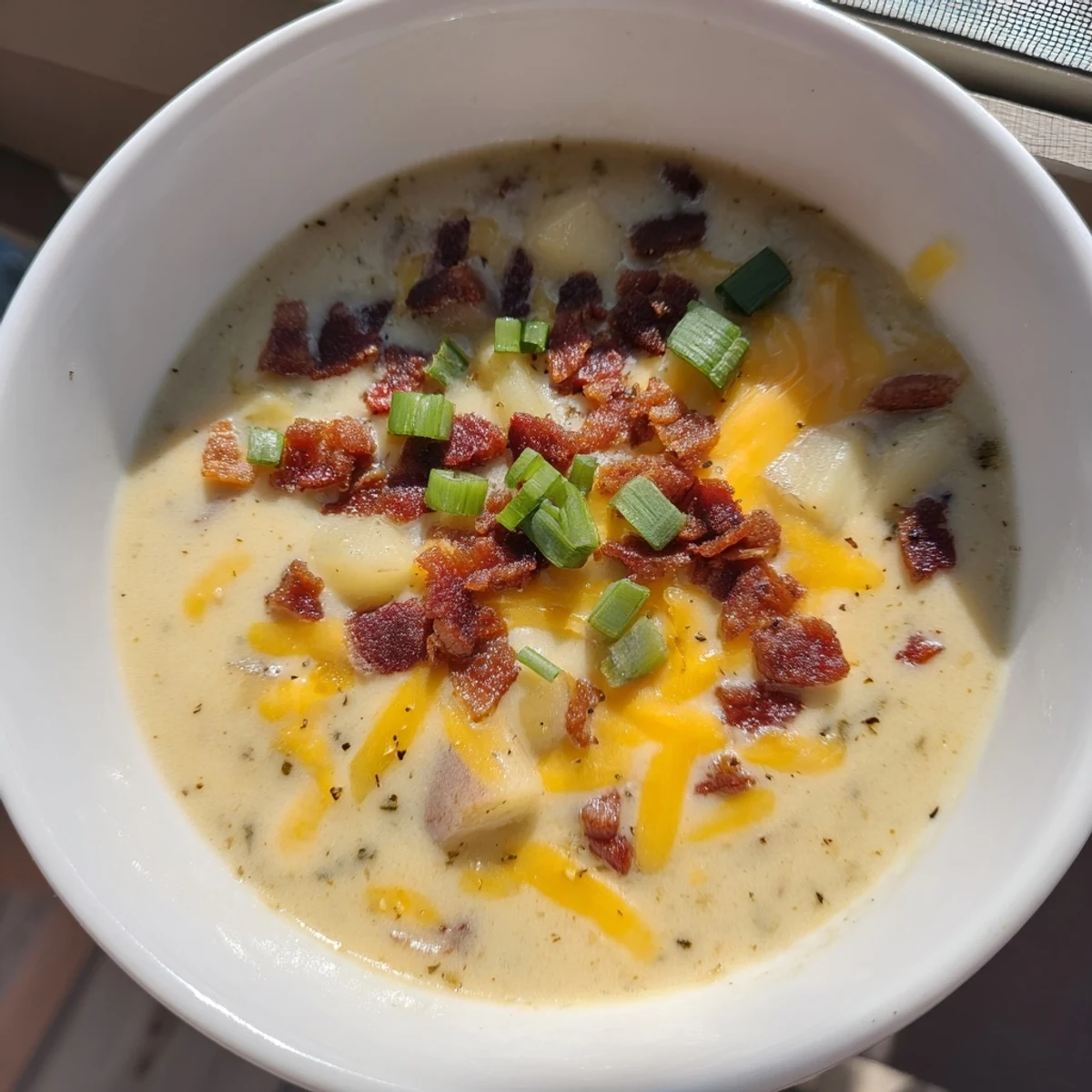 A close-up of Creamy Potato Soup with Cheese and Beef Bacon featuring melted cheddar swirls and steam rising from the velvety broth. 