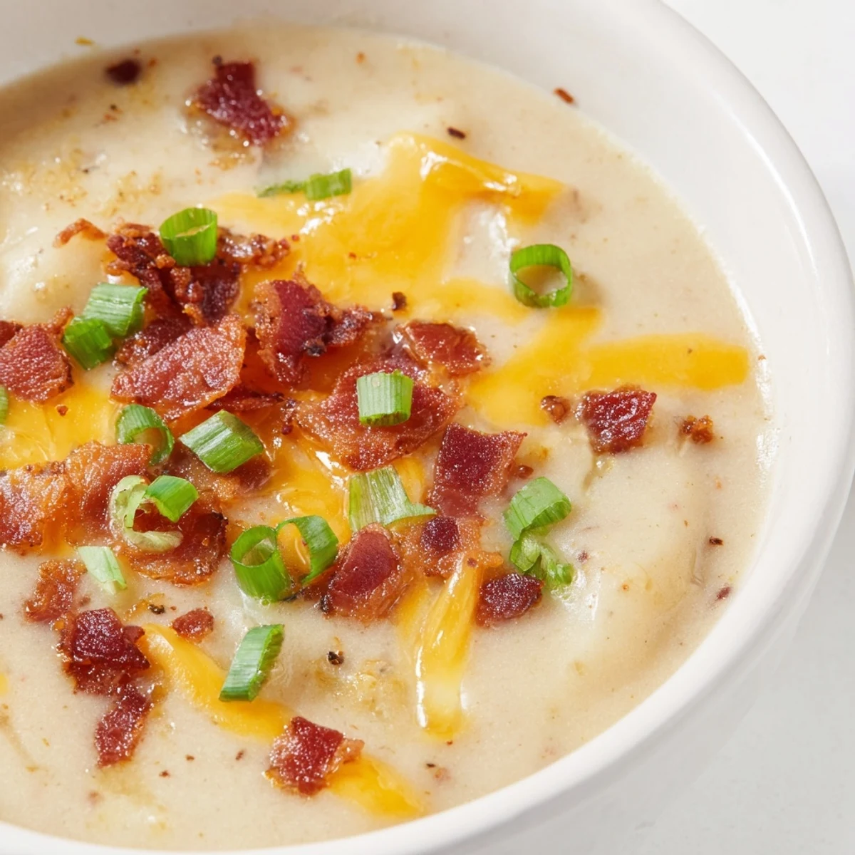 Hearty bowl of Creamy Potato Soup with Cheese and Beef Bacon garnished with extra cheese and green onions, served with crusty bread.