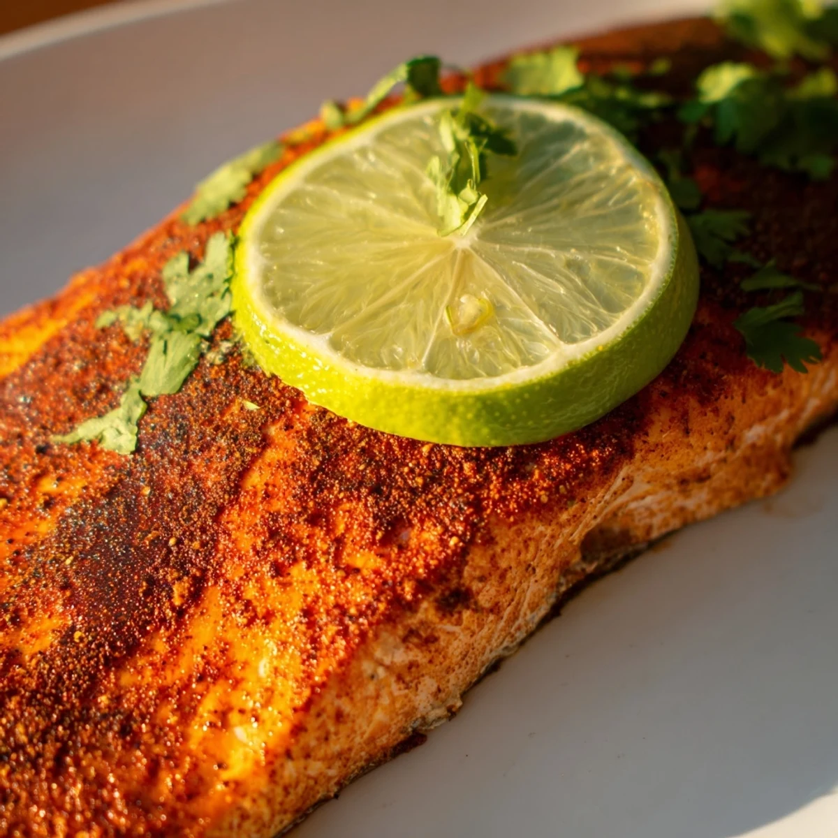 Freshly baked salmon fillets topped with bright lime rounds, seasoned with bold Cajun spices and herbs on a baking sheet.