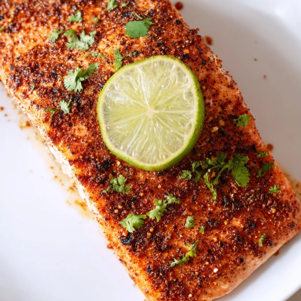 Golden baked salmon fillets seasoned with Cajun spices and lime, garnished with fresh cilantro, ideal for an easy weeknight dinner.